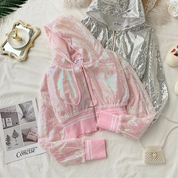 Sequin hoodie bomber jacket shiny sparkle pink black white stripe sporty womens - Picture 8 of 9